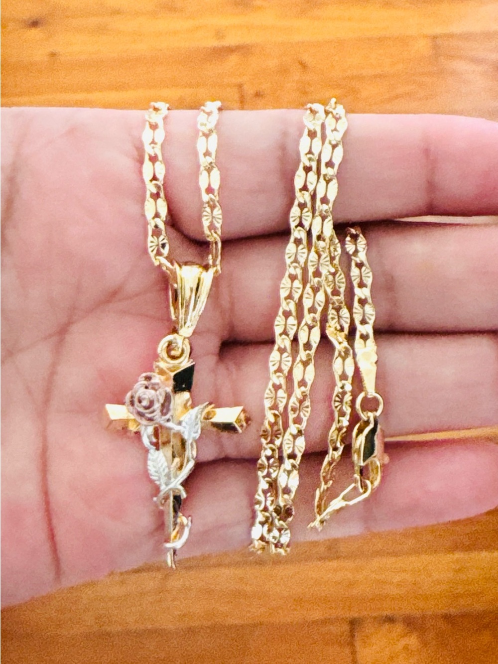 14K Gold Plated Cross Pendant with two tone rose Necklace - Women Jewelry